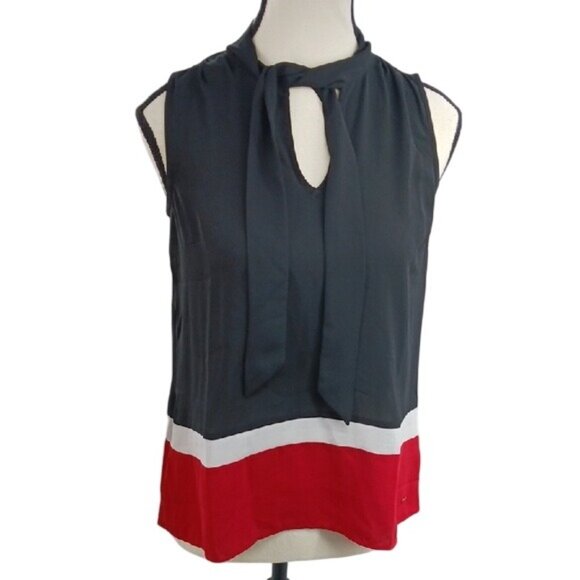 Tommy Hilfiger Sleeveless Blouse Womens XXS Black Red White Colorblock Tie Neck - Picture 1 of 8